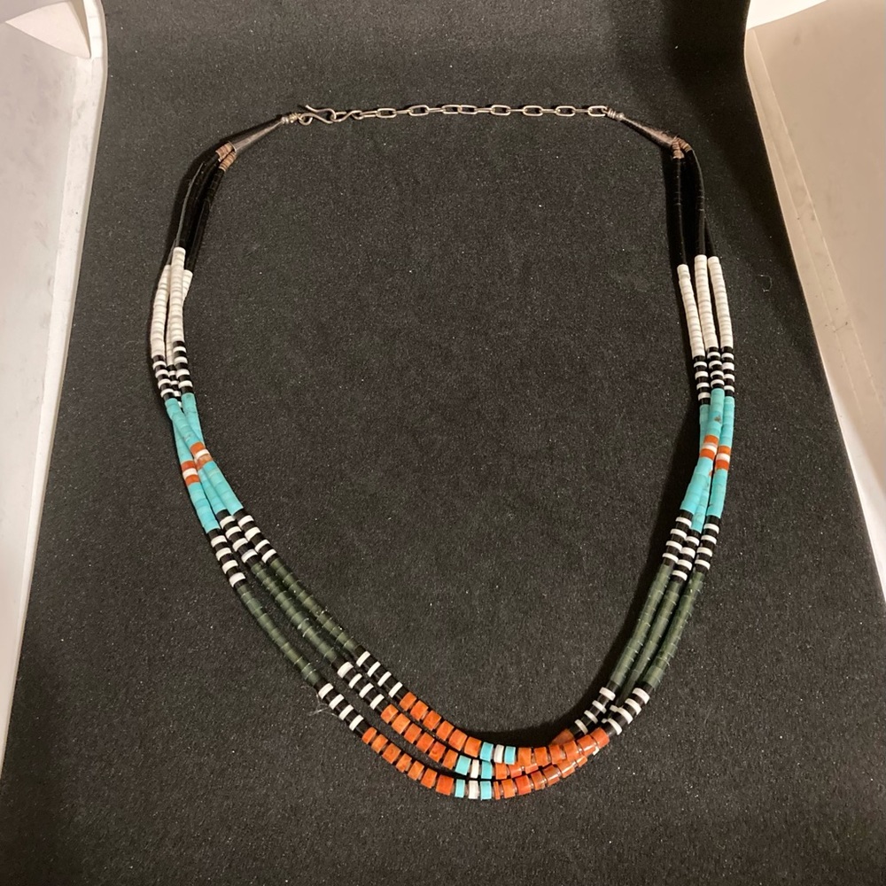 Sterling Native American Beaded 3 Strand Necklace - Picture 2 of 5